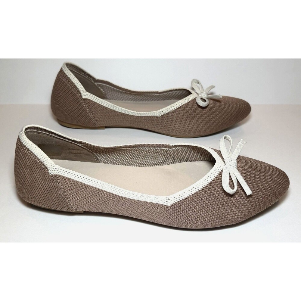 Tahari Tortuga Ballet Flats Womens 8.5 Taupe Cream Bow Pointed Toe Knit Vegan